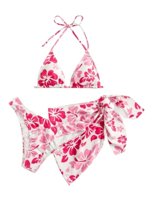 MakeMeChic Women's 3 Piece Bikini Set Halter Tie Back High Cut Swimsuit Bathing Suit with Cover Up