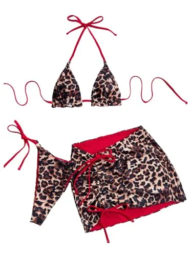 MakeMeChic Women's 3 Piece Bikini Set Halter Tie Back High Cut Swimsuit Bathing Suit with Cover Up