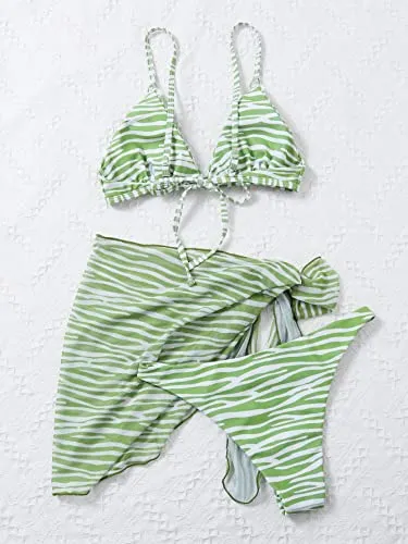 MakeMeChic Women's 3 Piece Bikini Set Halter Tie Back High Cut Swimsuit Bathing Suit with Cover Up