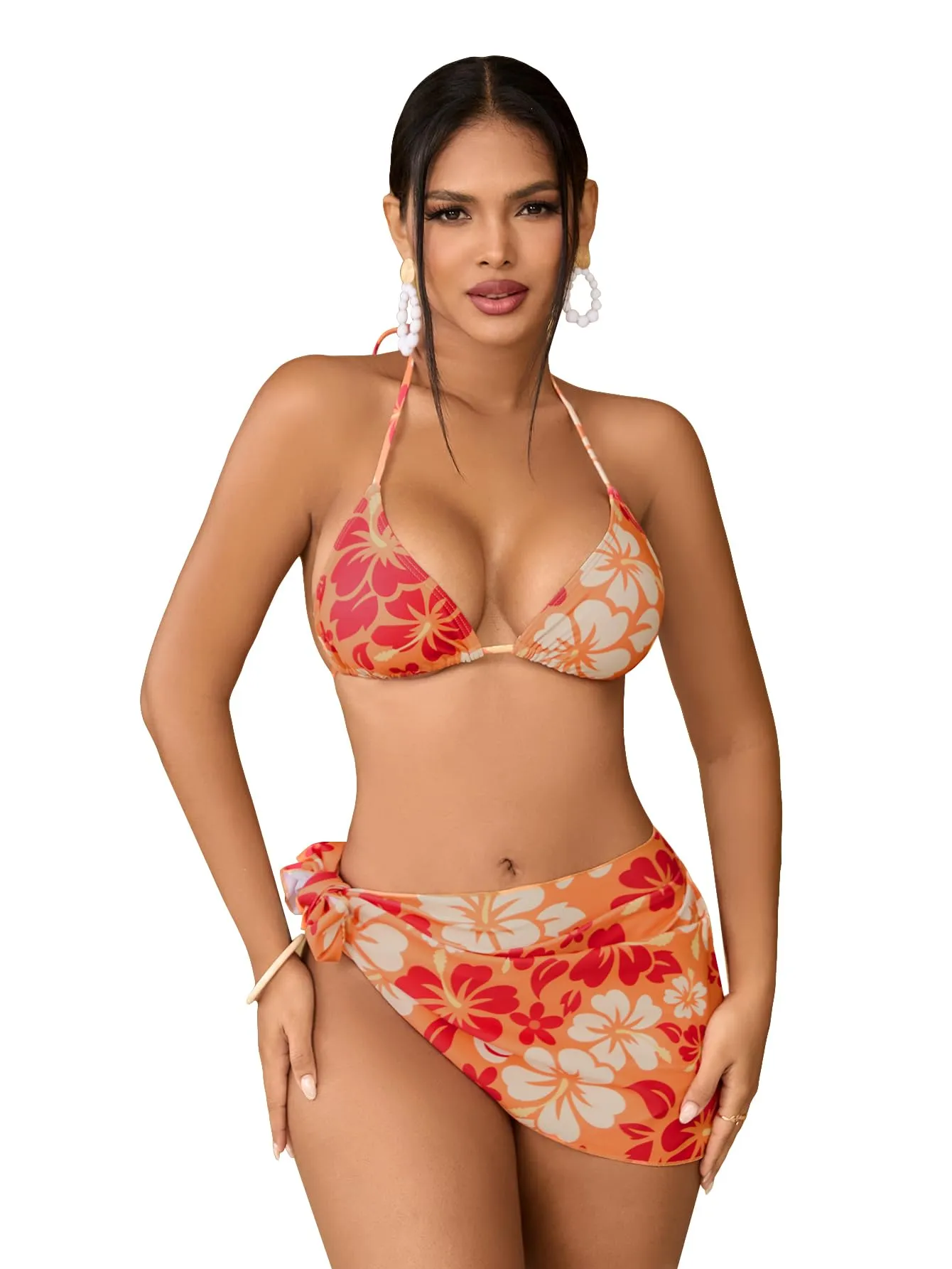 MakeMeChic Women's 3 Piece Bikini Set Halter Tie Back High Cut Swimsuit Bathing Suit with Cover Up