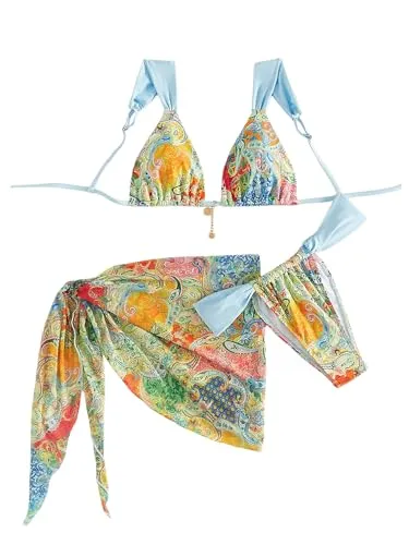 MakeMeChic Women's 3 Piece Bikini Set Halter Tie Back High Cut Swimsuit Bathing Suit with Cover Up