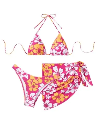 MakeMeChic Women's 3 Piece Bikini Set Halter Tie Back High Cut Swimsuit Bathing Suit with Cover Up