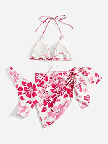 MakeMeChic Women's 3 Piece Bikini Set Halter Tie Back High Cut Swimsuit Bathing Suit with Cover Up