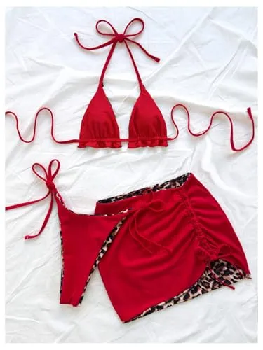 MakeMeChic Women's 3 Piece Bikini Set Halter Tie Back High Cut Swimsuit Bathing Suit with Cover Up