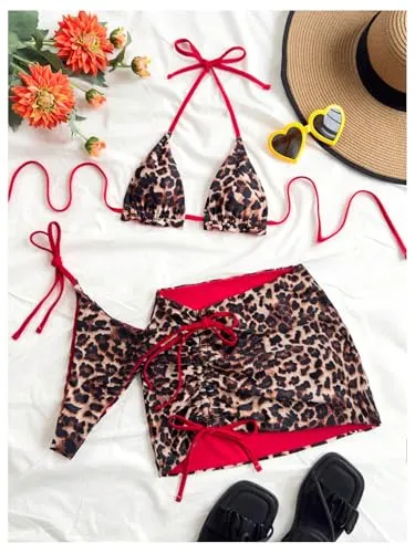 MakeMeChic Women's 3 Piece Bikini Set Halter Tie Back High Cut Swimsuit Bathing Suit with Cover Up