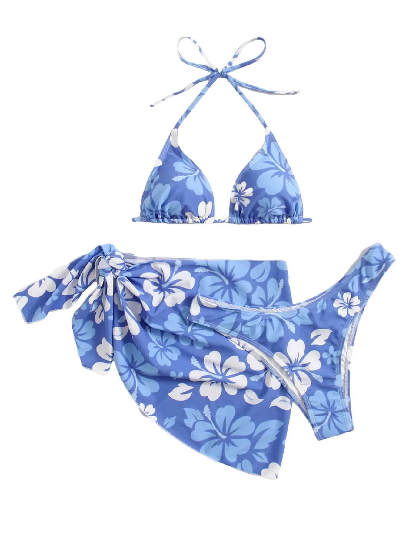 MakeMeChic Women's 3 Piece Bikini Set Halter Tie Back High Cut Swimsuit Bathing Suit with Cover Up