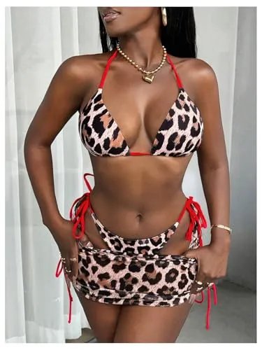 MakeMeChic Women's 3 Piece Bikini Set Halter Tie Back High Cut Swimsuit Bathing Suit with Cover Up