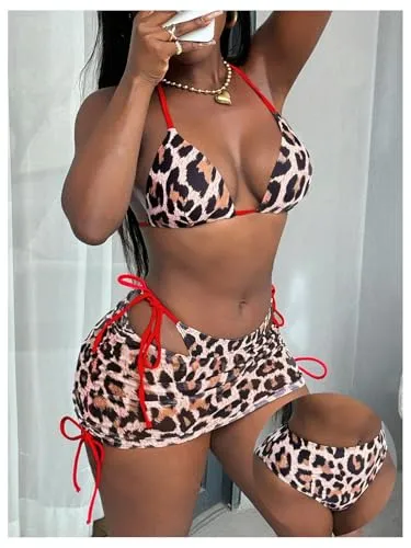 MakeMeChic Women's 3 Piece Bikini Set Halter Tie Back High Cut Swimsuit Bathing Suit with Cover Up