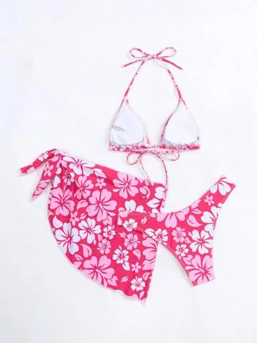 MakeMeChic Women's 3 Piece Bikini Set Halter Tie Back High Cut Swimsuit Bathing Suit with Cover Up