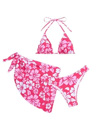 MakeMeChic Women's 3 Piece Bikini Set Halter Tie Back High Cut Swimsuit Bathing Suit with Cover Up