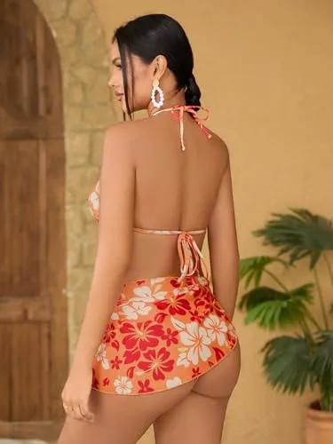 MakeMeChic Women's 3 Piece Bikini Set Halter Tie Back High Cut Swimsuit Bathing Suit with Cover Up