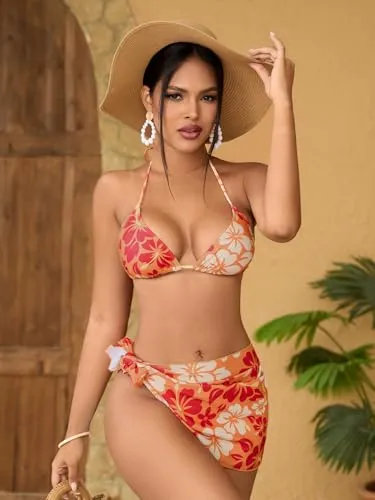 MakeMeChic Women's 3 Piece Bikini Set Halter Tie Back High Cut Swimsuit Bathing Suit with Cover Up
