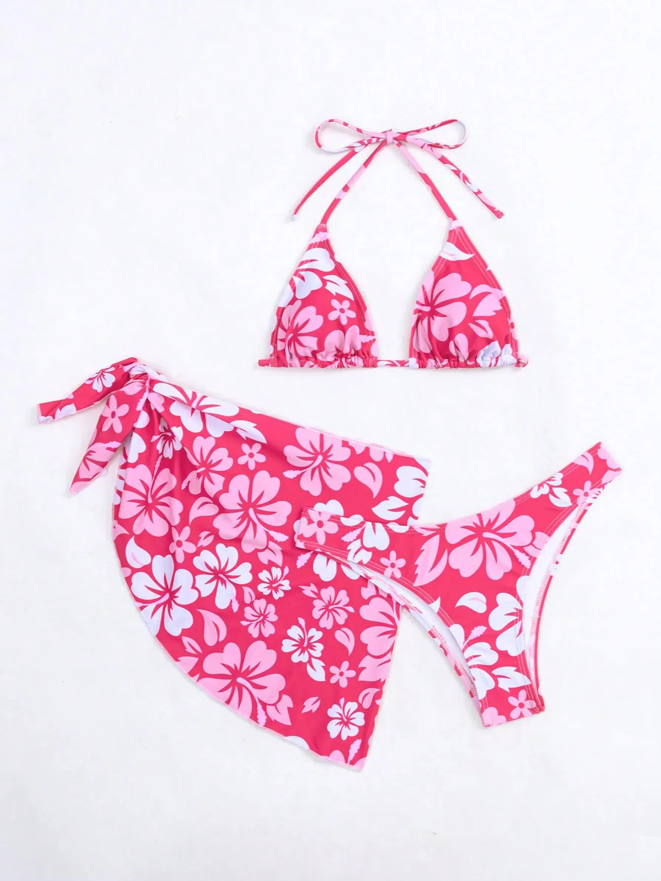 MakeMeChic Women's 3 Piece Bikini Set Halter Tie Back High Cut Swimsuit Bathing Suit with Cover Up