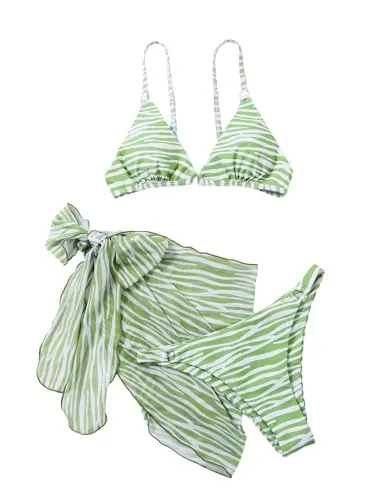 MakeMeChic Women's 3 Piece Bikini Set Halter Tie Back High Cut Swimsuit Bathing Suit with Cover Up