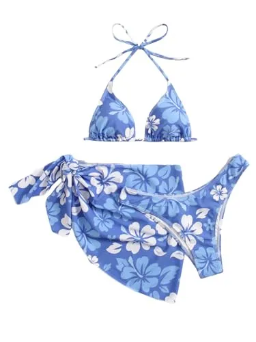 MakeMeChic Women's 3 Piece Bikini Set Halter Tie Back High Cut Swimsuit Bathing Suit with Cover Up