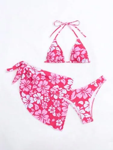 MakeMeChic Women's 3 Piece Bikini Set Halter Tie Back High Cut Swimsuit Bathing Suit with Cover Up