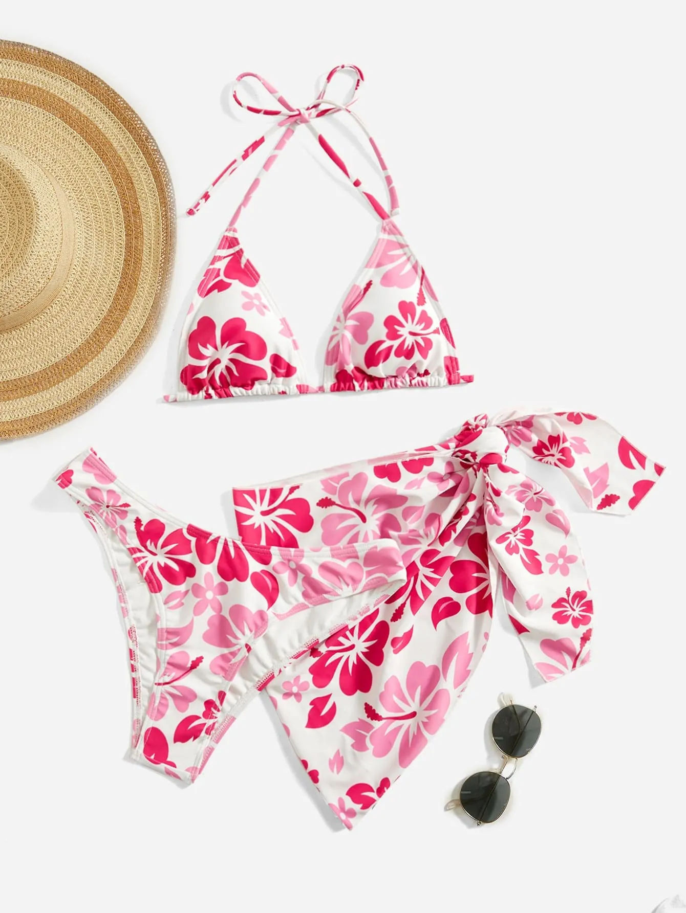 MakeMeChic Women's 3 Piece Bikini Set Halter Tie Back High Cut Swimsuit Bathing Suit with Cover Up
