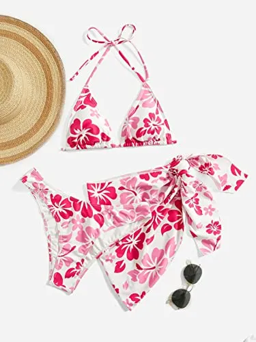 MakeMeChic Women's 3 Piece Bikini Set Halter Tie Back High Cut Swimsuit Bathing Suit with Cover Up