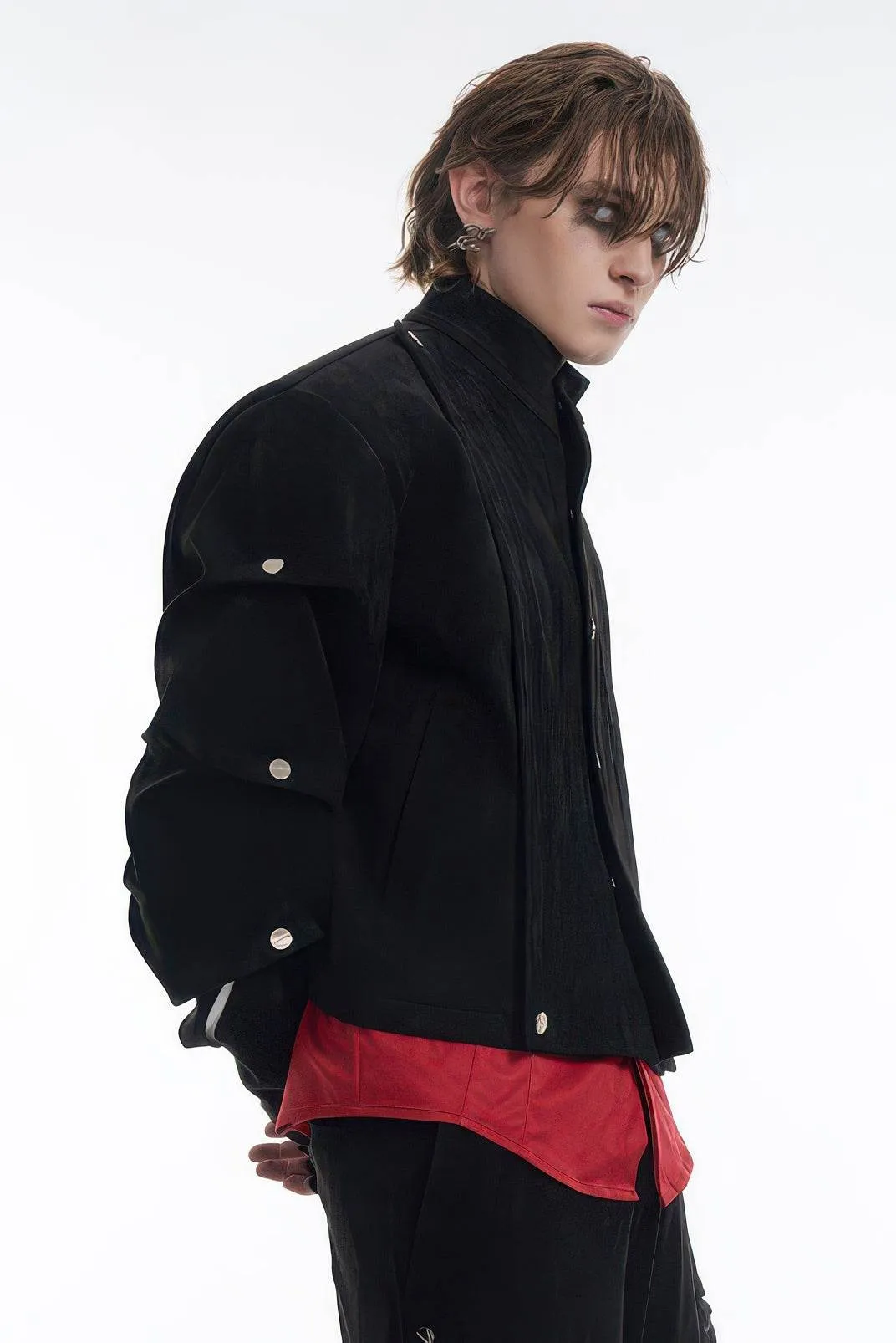 Men's Black Suede Short Jacket - Spring Crinkle Sleeve Coat