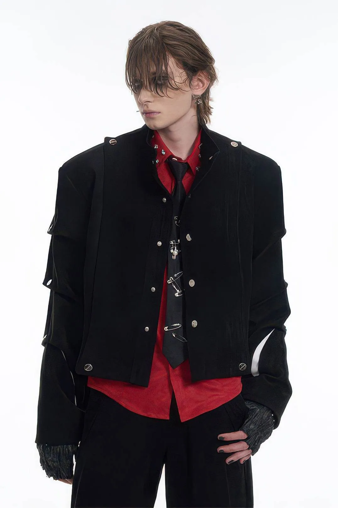 Men's Black Suede Short Jacket - Spring Crinkle Sleeve Coat