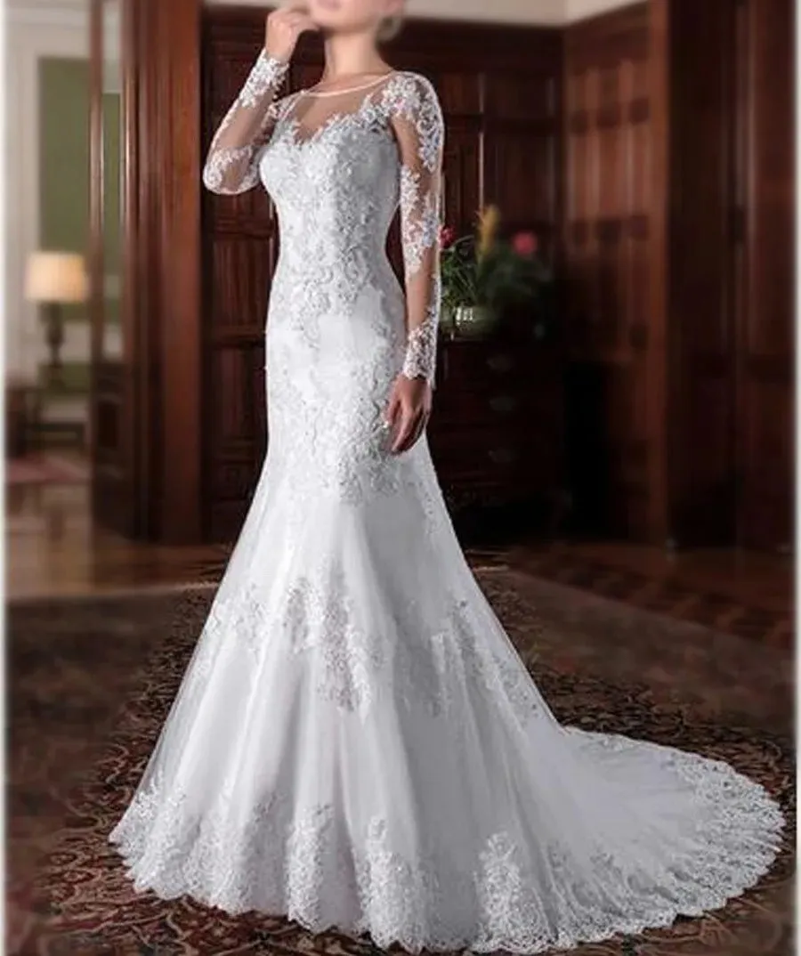 Mermaid Wedding Dress Illusion Back Vestido De Noiva Long Sleeve