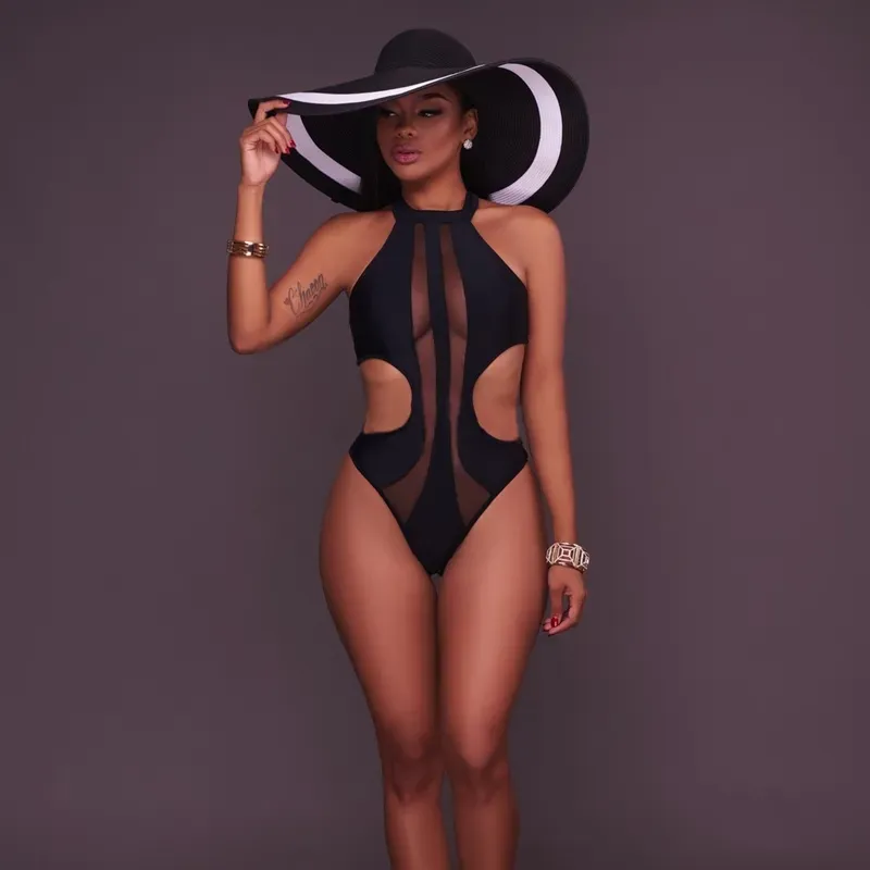 Mesh Halter Neck Cutout One Piece Swimsuit