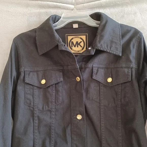Michael Kors 1X Denim Jacket Trucker Black Gold Button Front Stretch Classic