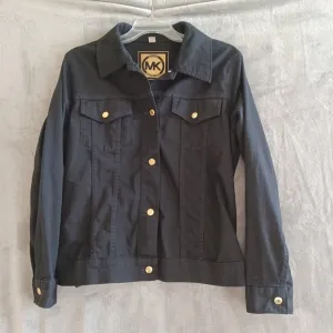 Michael Kors 1X Denim Jacket Trucker Black Gold Button Front Stretch Classic