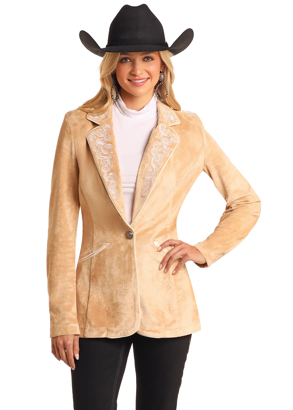 Microsuede Floral Embroidered Blazer