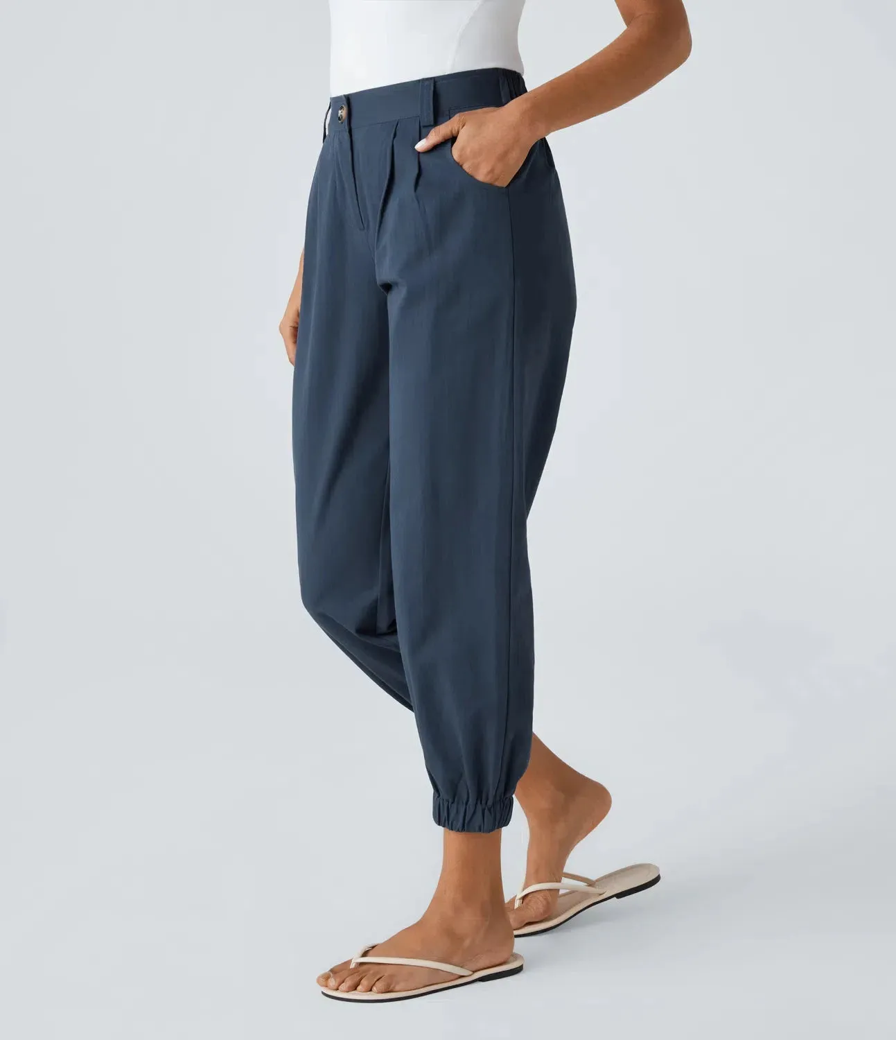 Mid Rise Button Zipper Side Pocket Casual Cotton Joggers