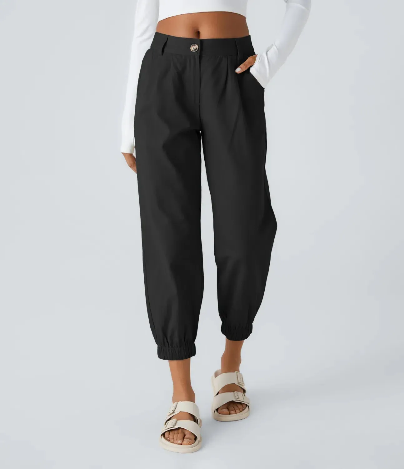 Mid Rise Button Zipper Side Pocket Casual Cotton Joggers