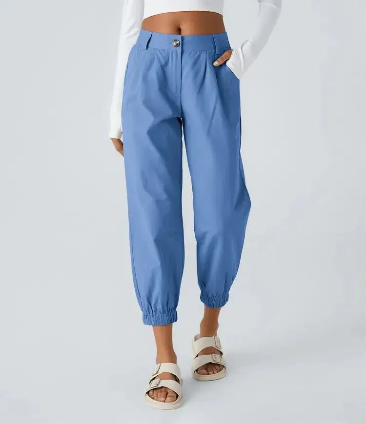 Mid Rise Button Zipper Side Pocket Casual Cotton Joggers