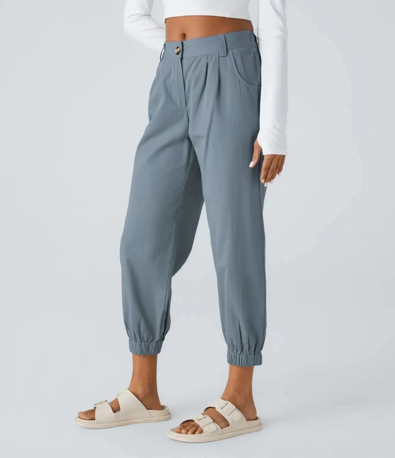 Mid Rise Button Zipper Side Pocket Casual Cotton Joggers