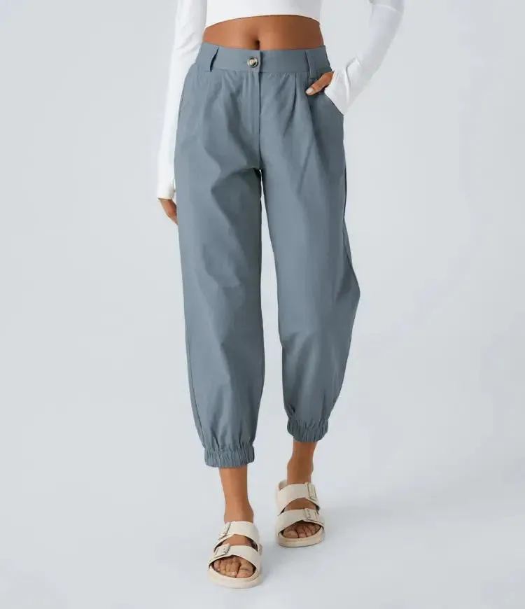 Mid Rise Button Zipper Side Pocket Casual Cotton Joggers