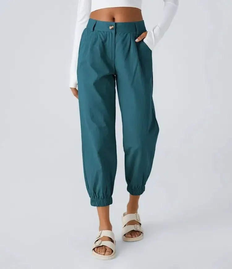 Mid Rise Button Zipper Side Pocket Casual Cotton Joggers