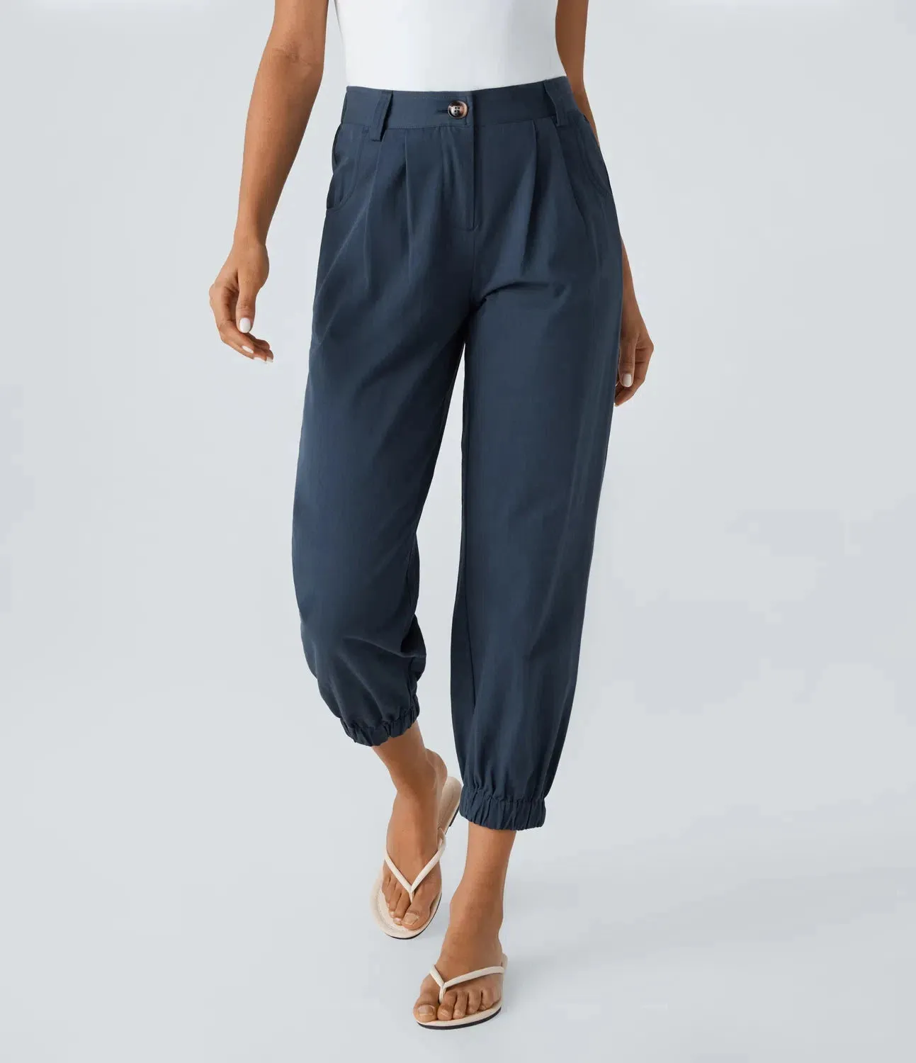 Mid Rise Button Zipper Side Pocket Casual Cotton Joggers