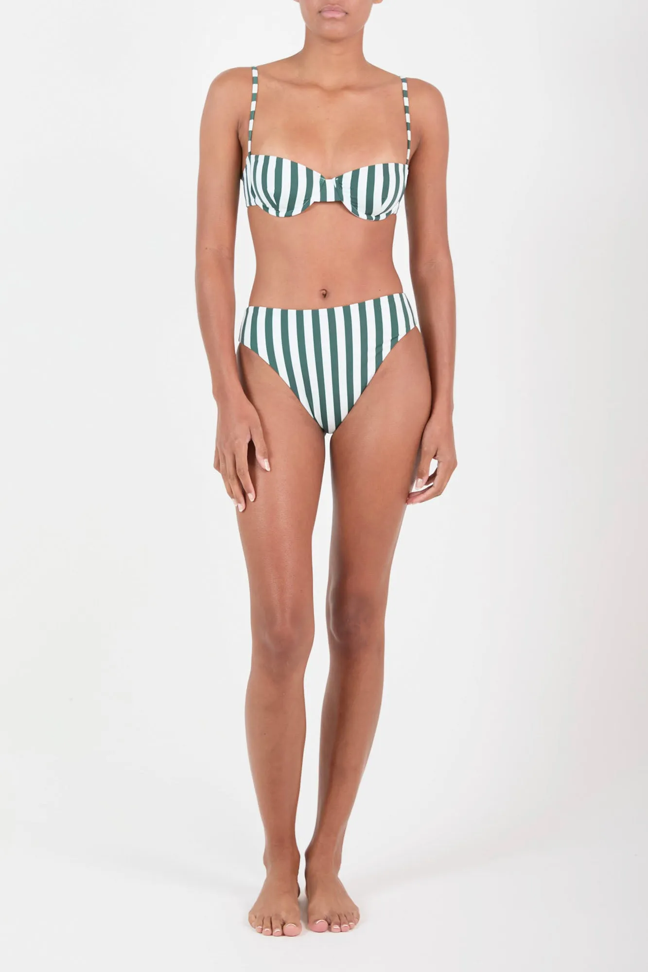 Midi High-Cut Bikini Bottom in Green Vertical Stripes