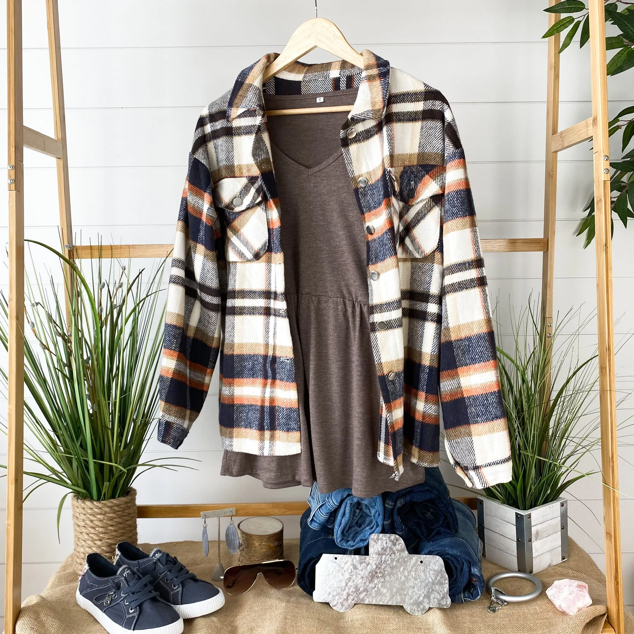 Molly Plaid Shacket - Navy, Brown, and Orange