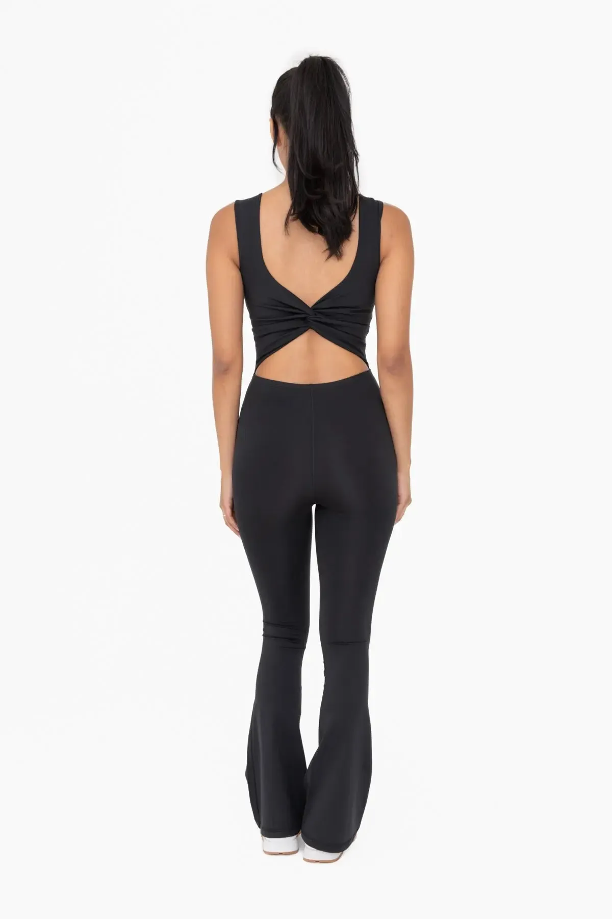 Mono B Venice Twisted Back Flared Jumpsuit – Chic, Soft & Versatile