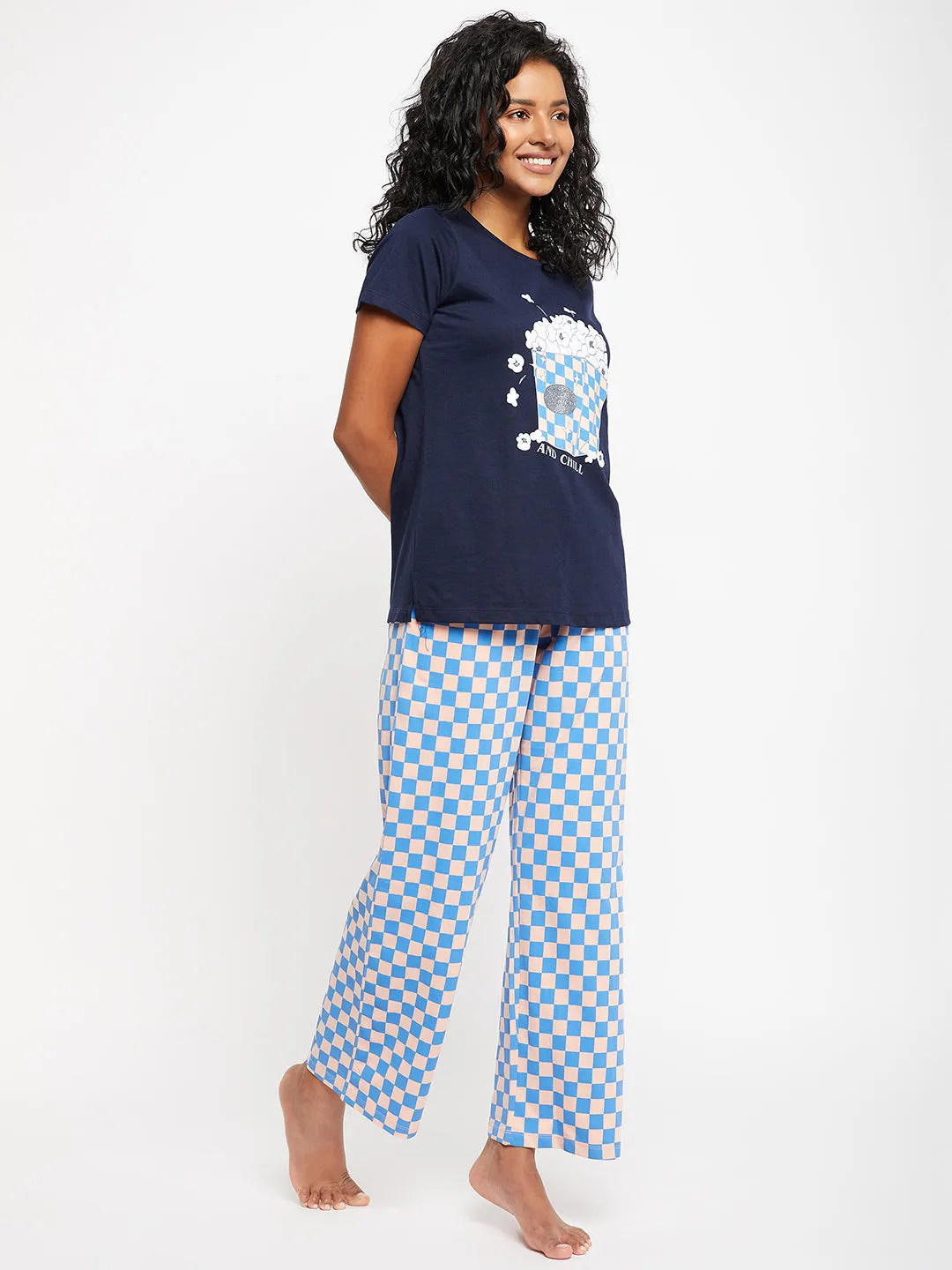 mSECRET Printed Top and Chequered Bottom Navy Blue Nightsuit