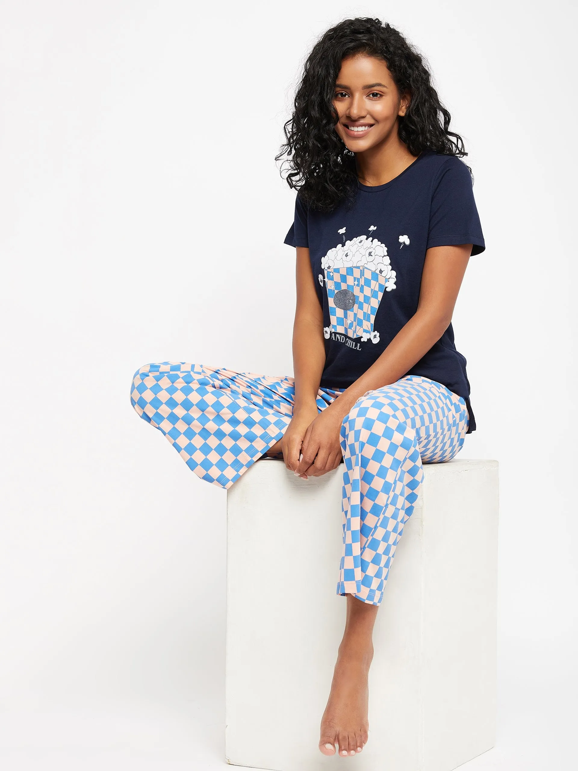 mSECRET Printed Top and Chequered Bottom Navy Blue Nightsuit