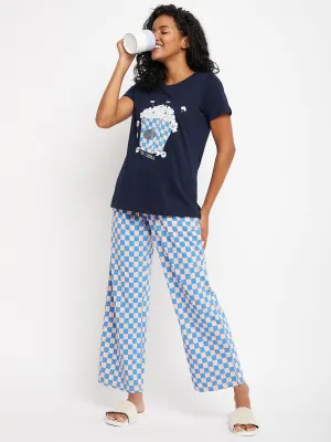 mSECRET Printed Top and Chequered Bottom Navy Blue Nightsuit