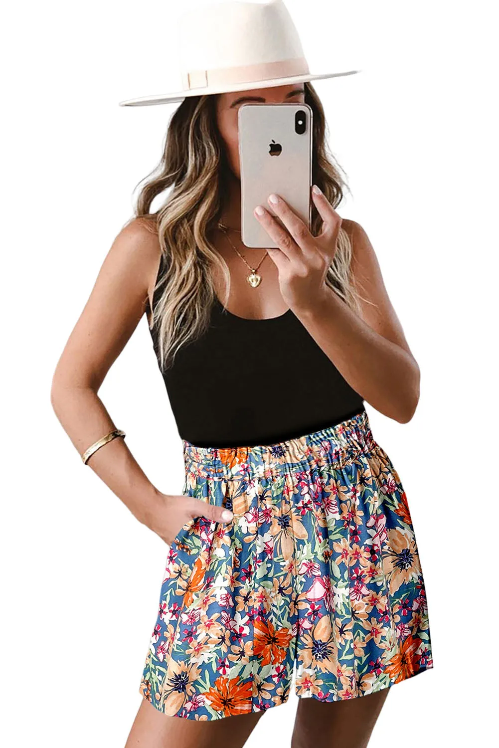 Multicolor Boho Flower Print High Waist Casual Shorts