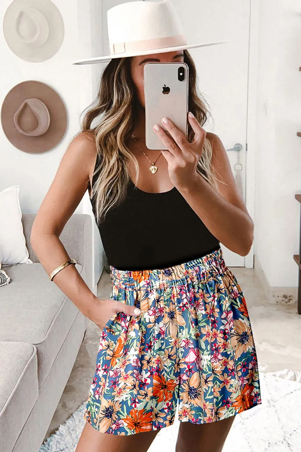 Multicolor Boho Flower Print High Waist Casual Shorts
