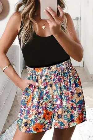 Multicolor Boho Flower Print High Waist Casual Shorts
