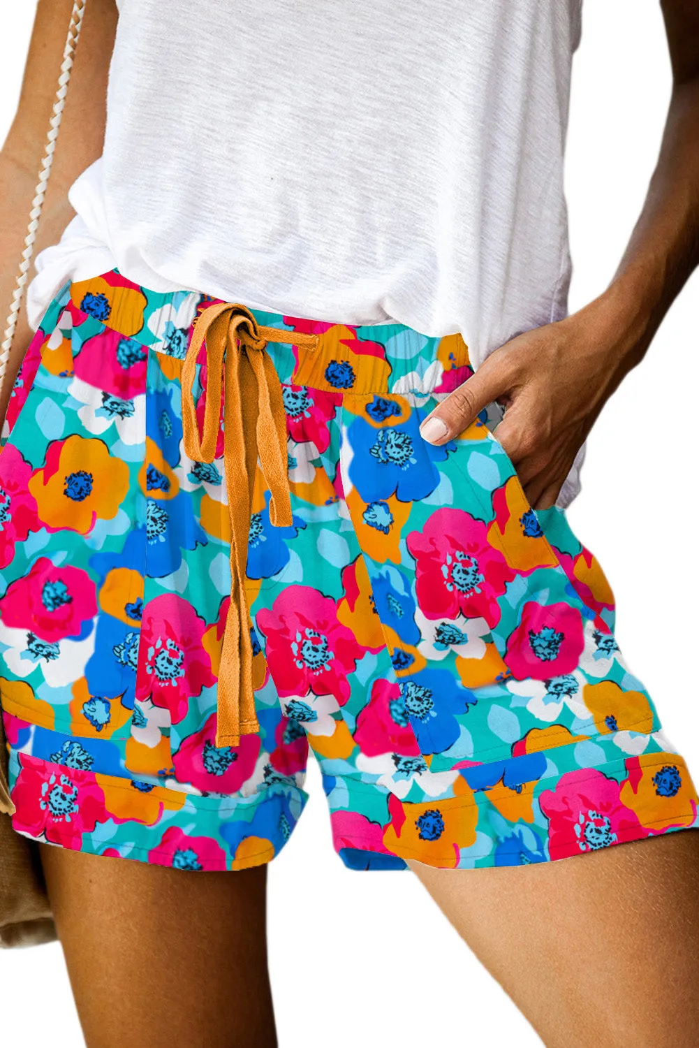 Multicolor Floral Print Drawstring Elastic Waist Casual Shorts