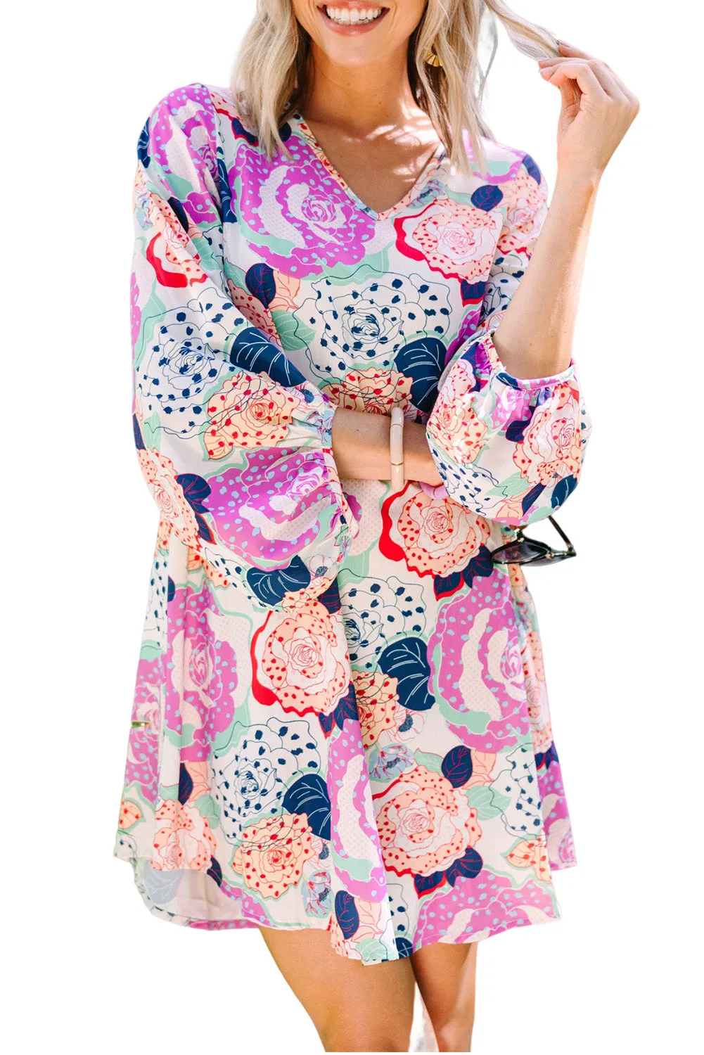 Multicolor Floral Print V Neck Bohemian Tunic Dress