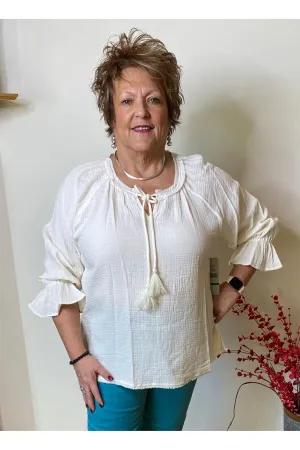 Multiples - 3/4 Flounce Raglan Sleeve Tie Neck Peasant Top - Off White - M12604TM