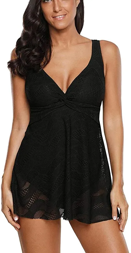 New Bsubseach V Neck One Piece Bathing Suit Women Retro Swimdress Twist Tankini Swimsuit, Black, Sz 3X, Fits 1X/2X great!