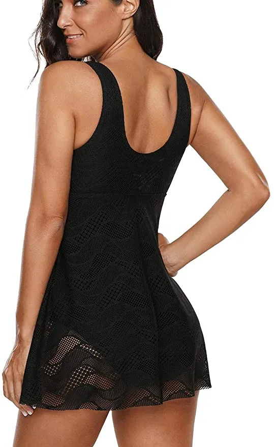 New Bsubseach V Neck One Piece Bathing Suit Women Retro Swimdress Twist Tankini Swimsuit, Black, Sz 3X, Fits 1X/2X great!